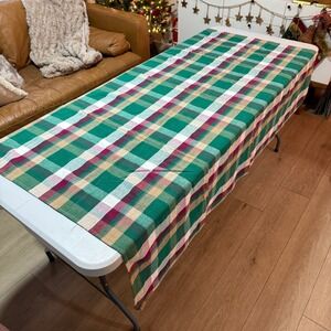 Vintage 90s Plaid Christmas Tablecloth, 68 x 49, Green Red Tan Cotton Blend